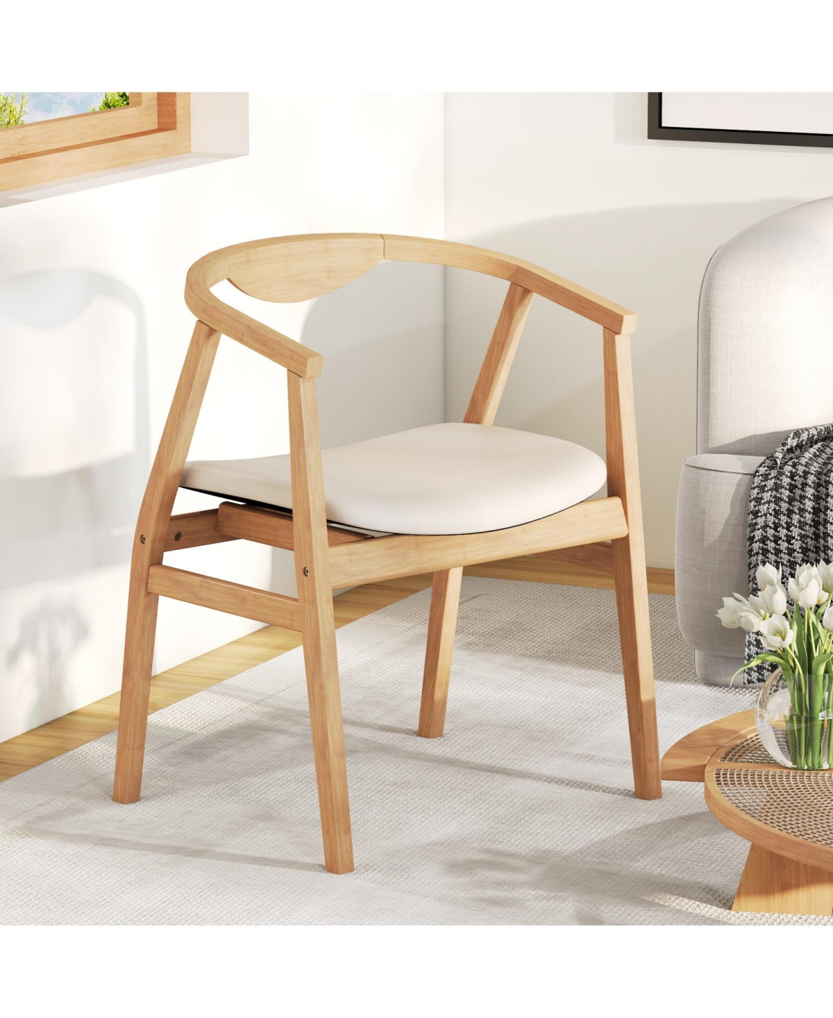 Gymax Leisure Bamboo Armchair Modern Accent Chair with Curved Back and Bamboo Structure