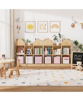 Set of 2 Kids Castle Cube Toy Storage Organizer, Wooden 6 Cubby Bookshelf with Anti Tip Device for Playroom or Bedroom