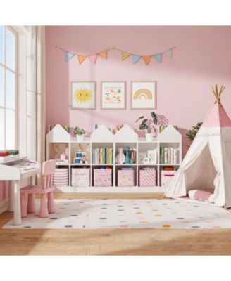Set of 2 Kids Castle Cube Toy Storage Organizer, Wooden 6 Cubby Bookshelf with Anti Tip Device for Playroom or Bedroom