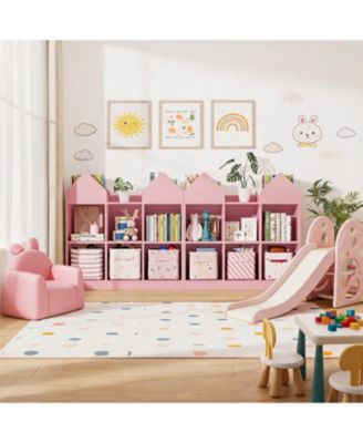 Set of 2 Kids Castle Cube Toy Storage Organizer, Wooden 6 Cubby Bookshelf with Anti Tip Device for Playroom or Bedroom
