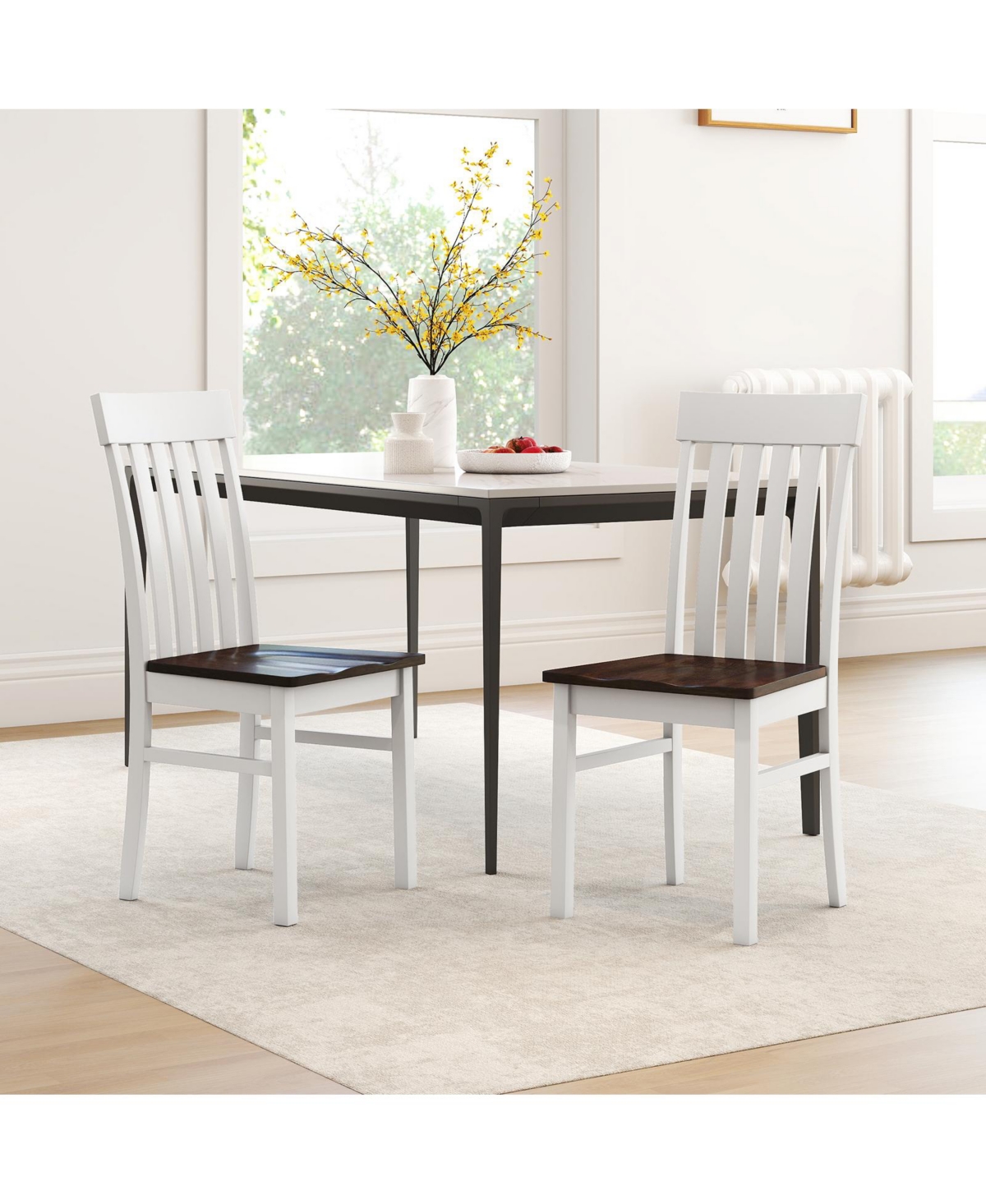 Gymax Dining Chairs Set of 2 Slatted High Backrests Concave Seats Rubber Wood Legs