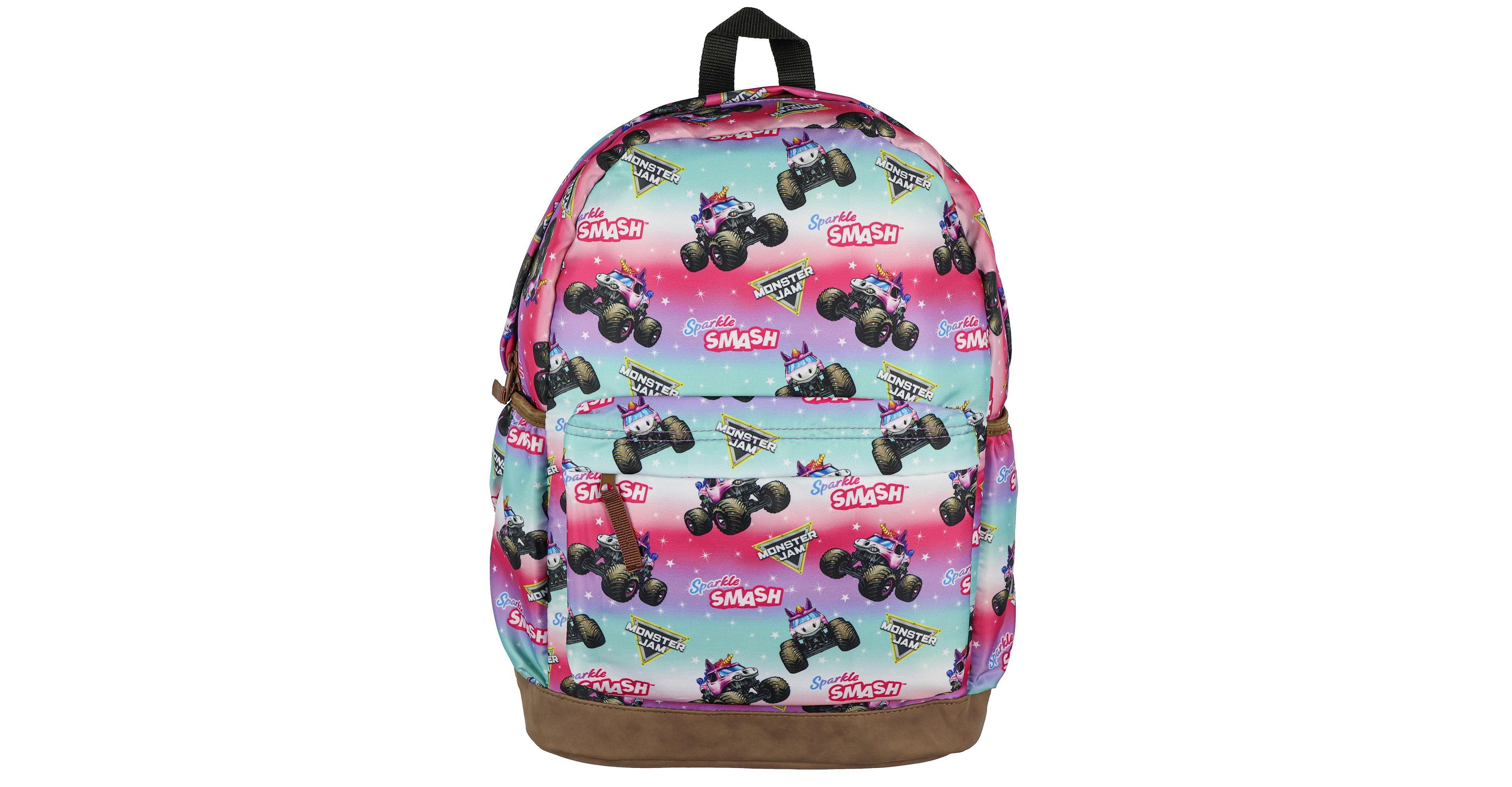 Monster Jam Backpack Sparkle Smash All Over Design 16 Inch Book Bag School
