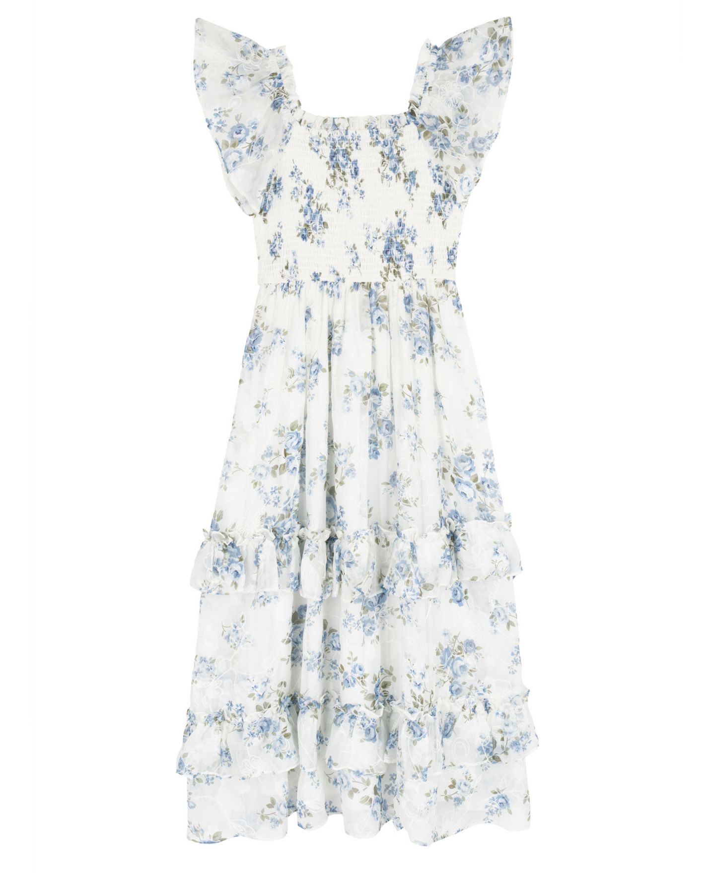 Платье Rare Editions Floral Print Chiffon Smocked Flutter Sleeve Midi Dress для девочек, цвет: Белый — фото 4
