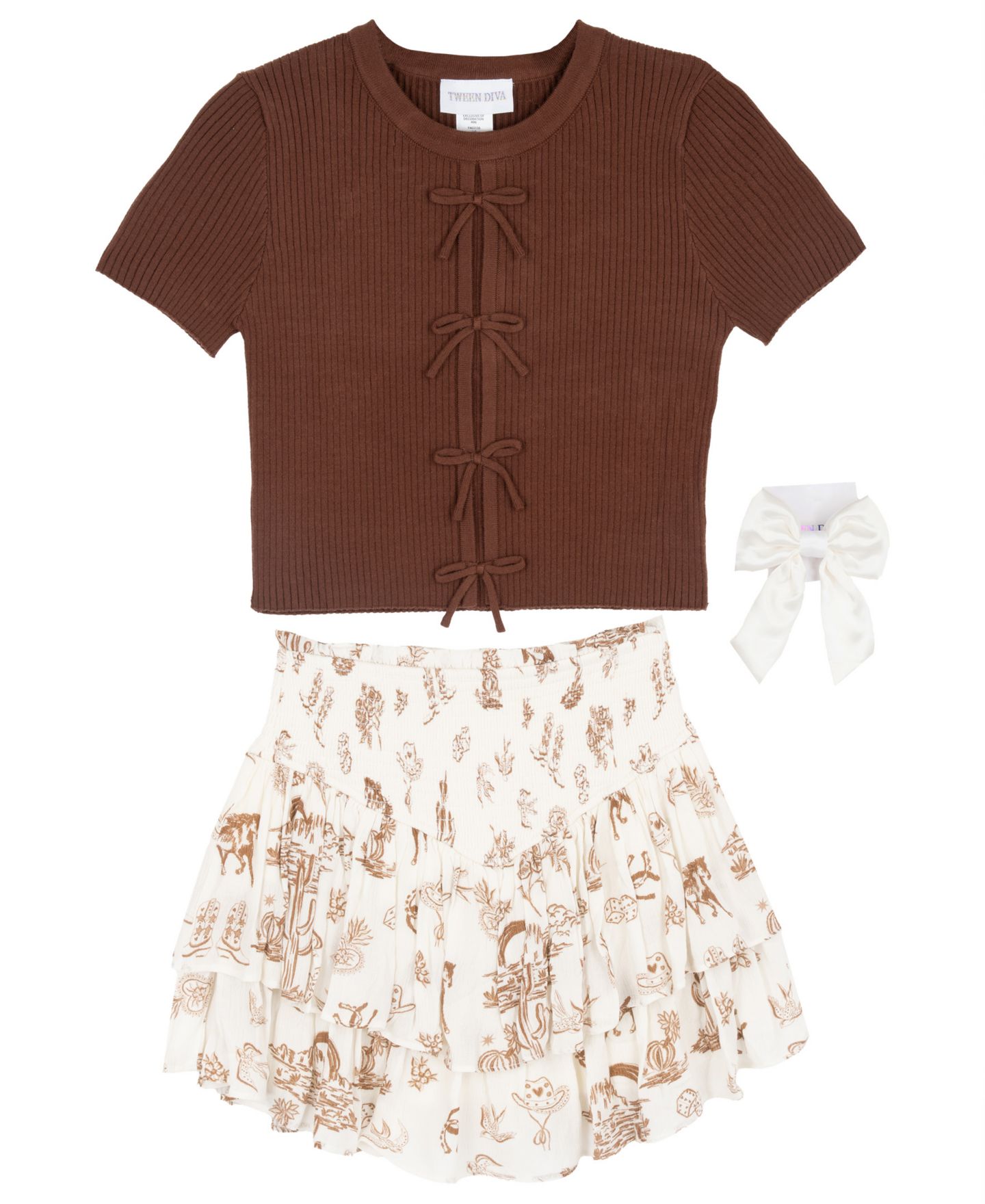 Tween Diva Girls' 7-12 Rib Knit Bow Sweater, Printed Skort and Satin Hair Bow, 3-Piece Set, цвет: Коричневый — фото 4
