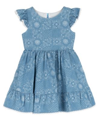Girls' 2T-6X Printed Denim Flutter Sleeve Tiered Dress