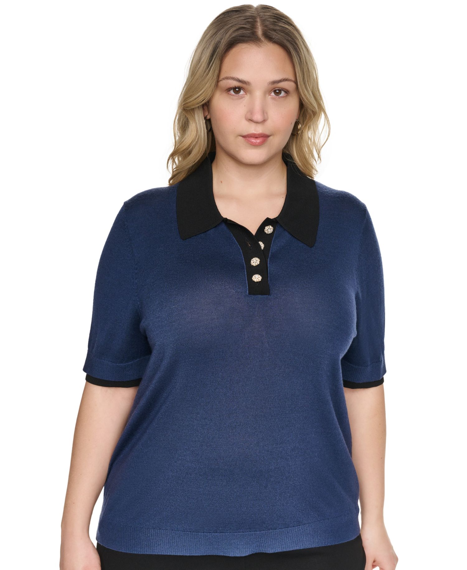 Plus Size Johnny Collar Short-Sleeve Sweater