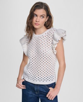 Women's Baby Chenille Pointelle Rib Flutter-Sleeve Sweater