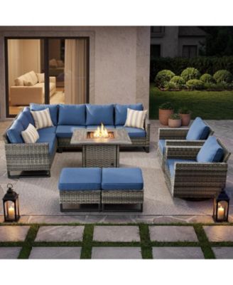 8 Pieces Outdoor Patio Furniture Set with Propane Gas Fire Pit Table, Outdoor Sectional Sofa PE Rattan Wicker Patio Conversation Sets
