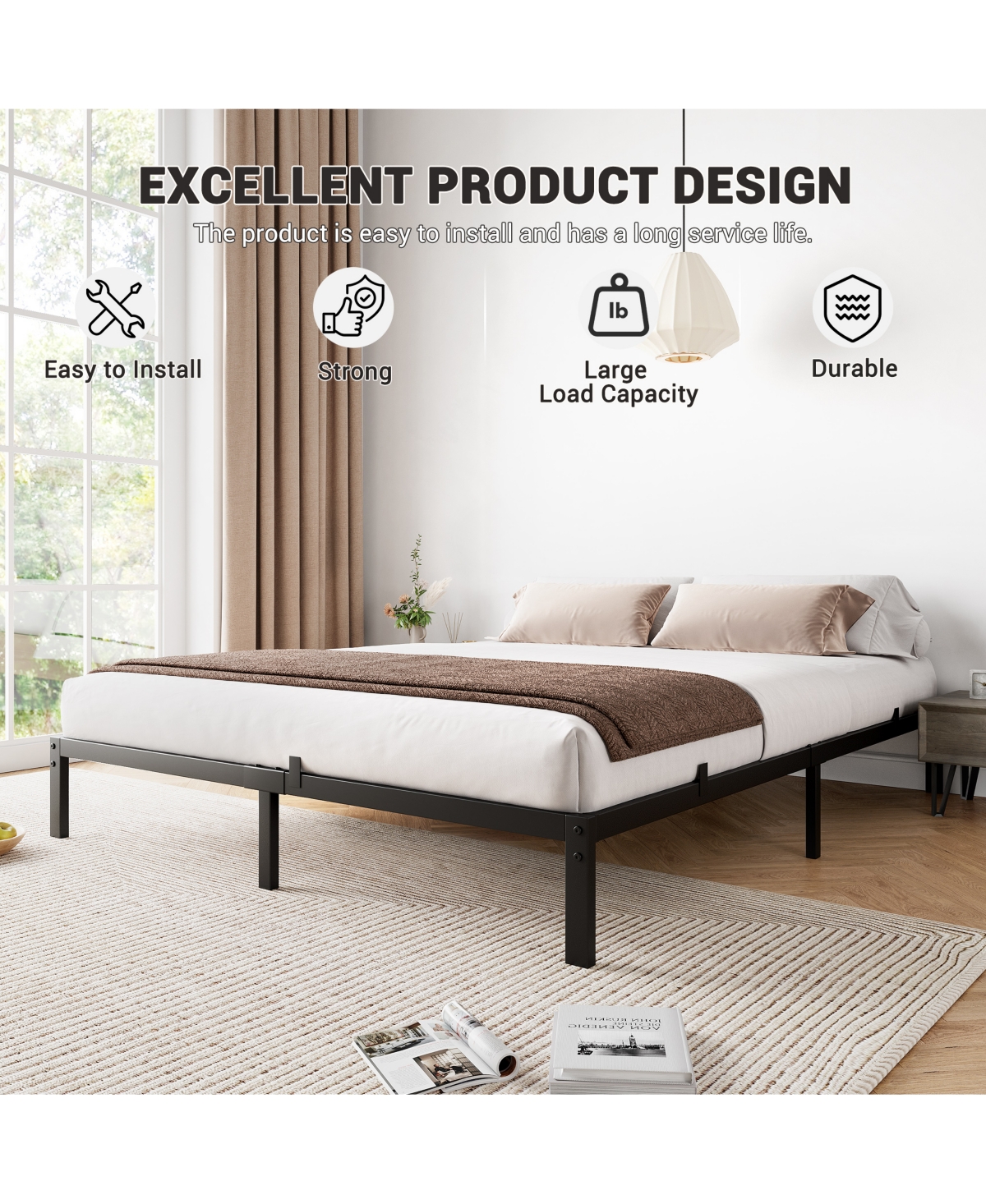 homfan Queen Metal Platform Bed Frame, 10 Inch Heavy Duty Bed Frame with No Box Spring Needed for Bedroom