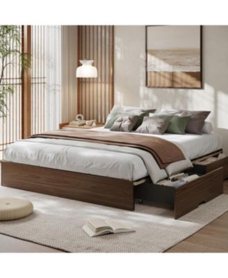 Wood Platform Bed Frame with 2 Storage Drawers, Wooden Bed Frame Without Headboard, Wood Slat Support, No Box Spring Needed