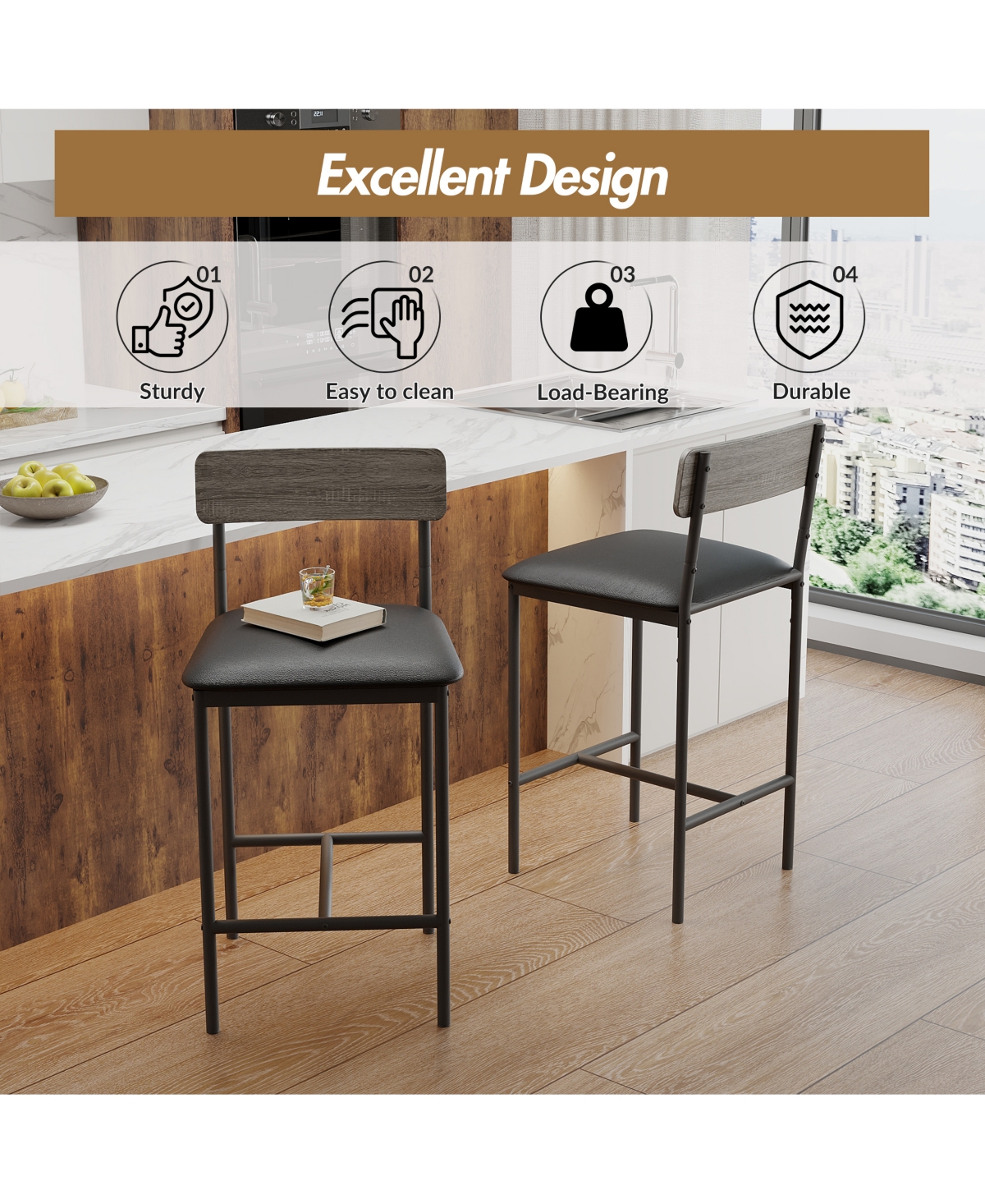 homfan Set of 2 Bar Stools Tall Kitchen Breakfast Nook Dining Stools with Padded Cushion, Space-Saving Furniture for Small Spaces and Apartment