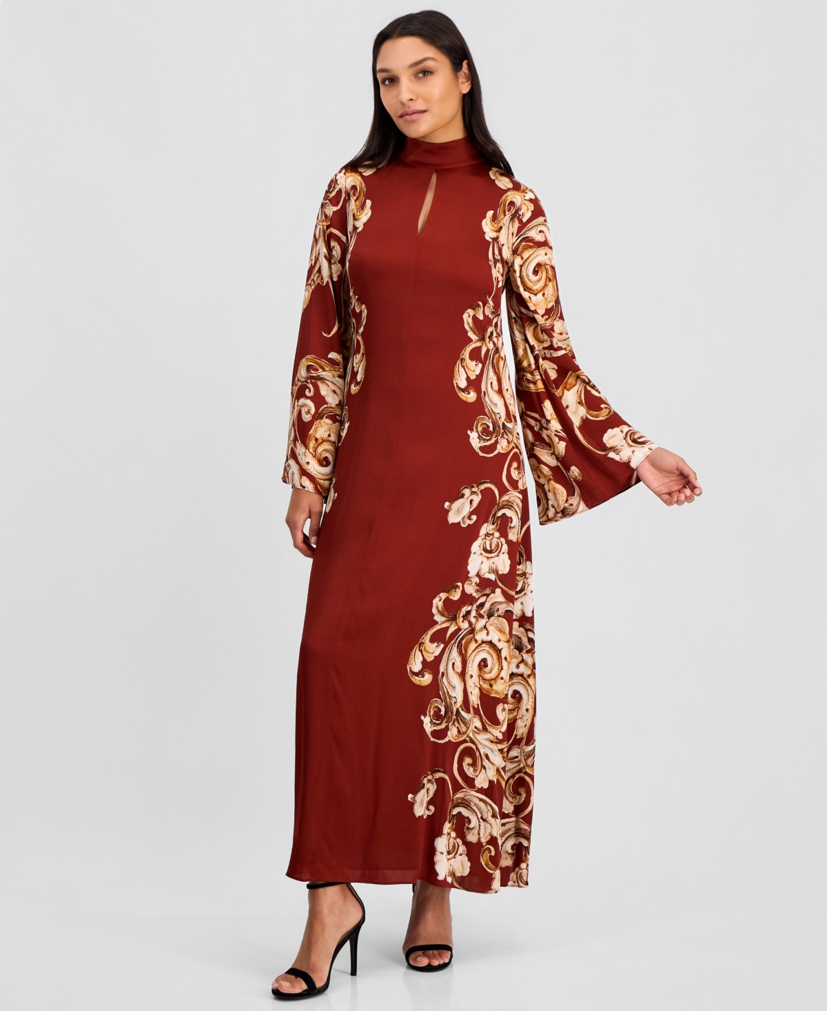 Elie Tahari Women's Analeia Mock-Neck A-Line Long-Sleeve Silk-Blend Maxi Dress