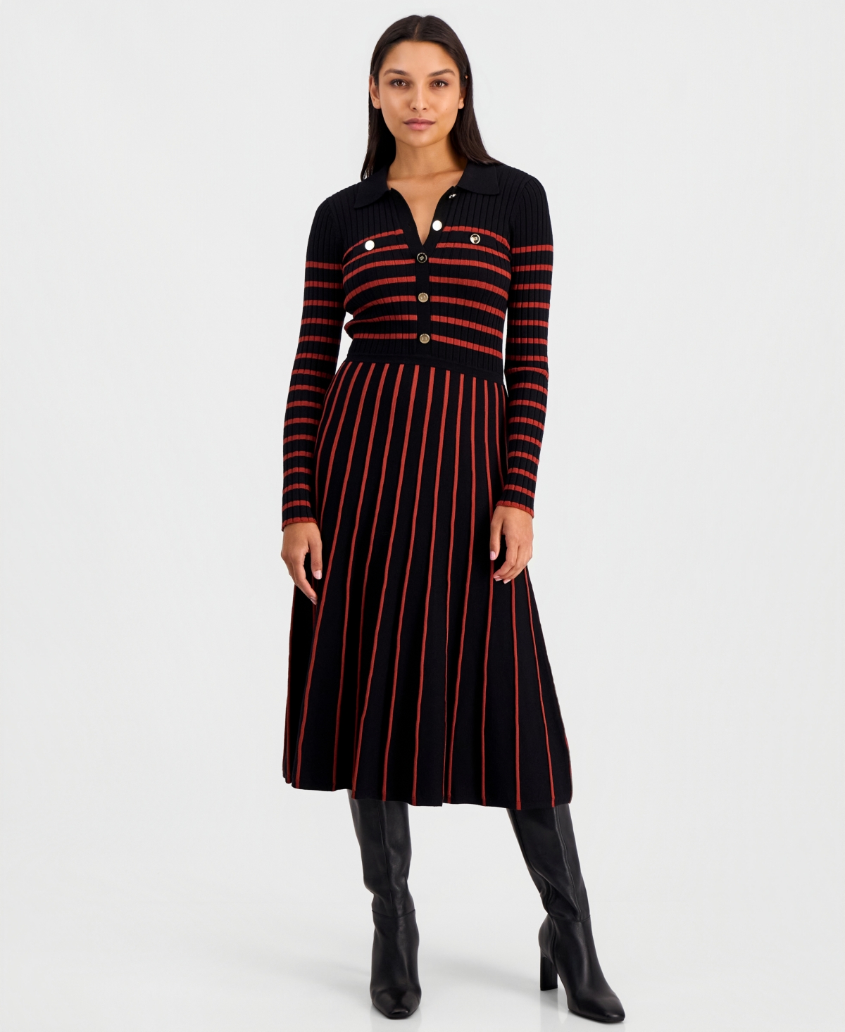 Elie Tahari Women's Elodie Long-Sleeve Collared Midi Sweater Dress