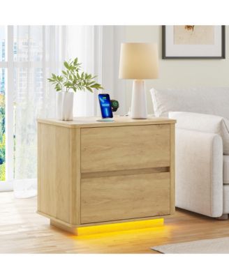 Modern Wooden Nightstand with Motion Sensor Light and 2 Drawers