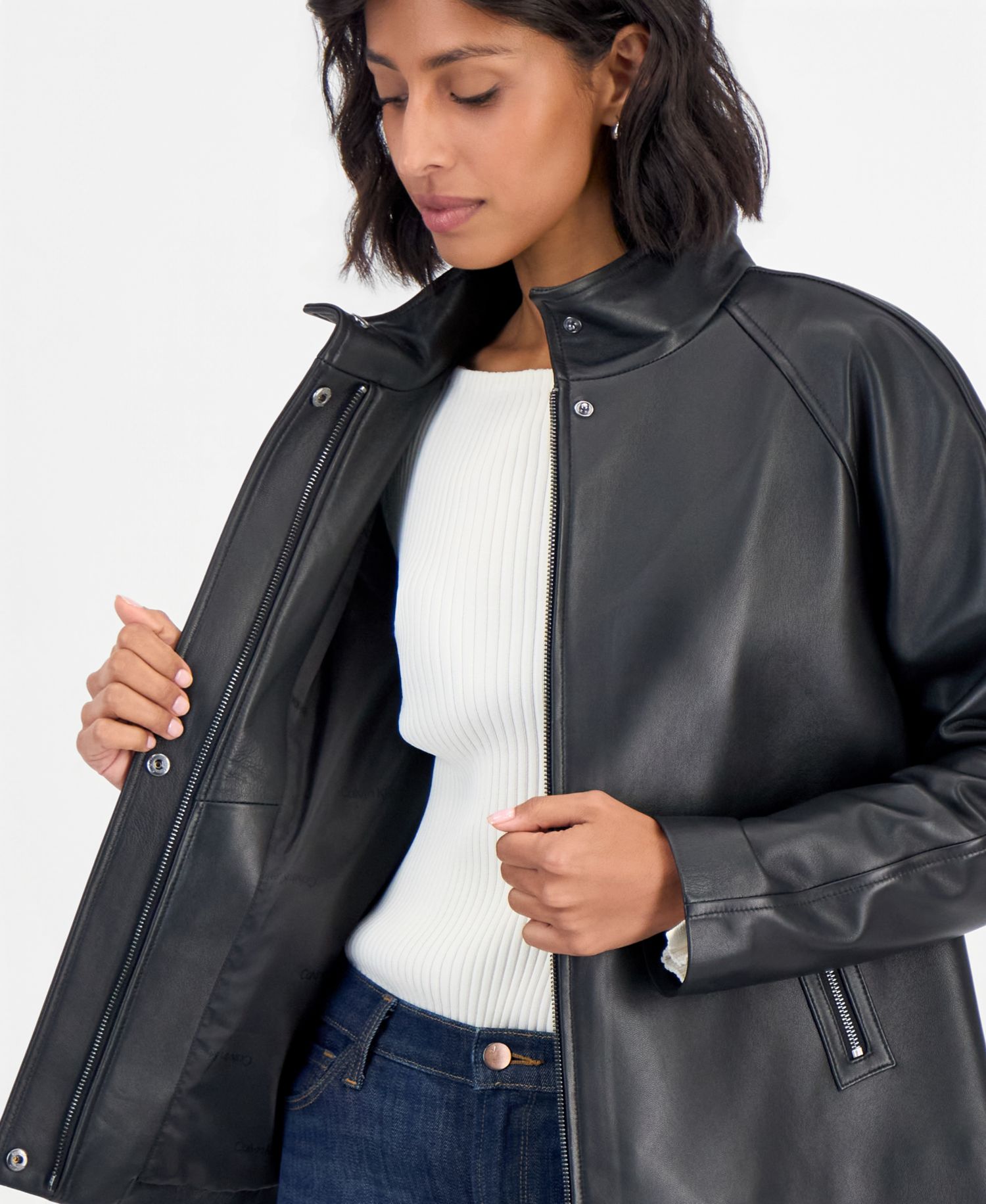 Women's Leather Stand-Collar Zip-Up Jacket