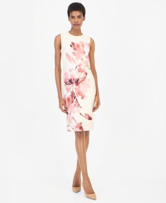 Women's Printed Scuba Sleeveless Floral Crewneck Dress