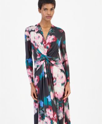 Anne Klein Petite Twist Front Maxi Floral Long-Sleeve A-Line Dress