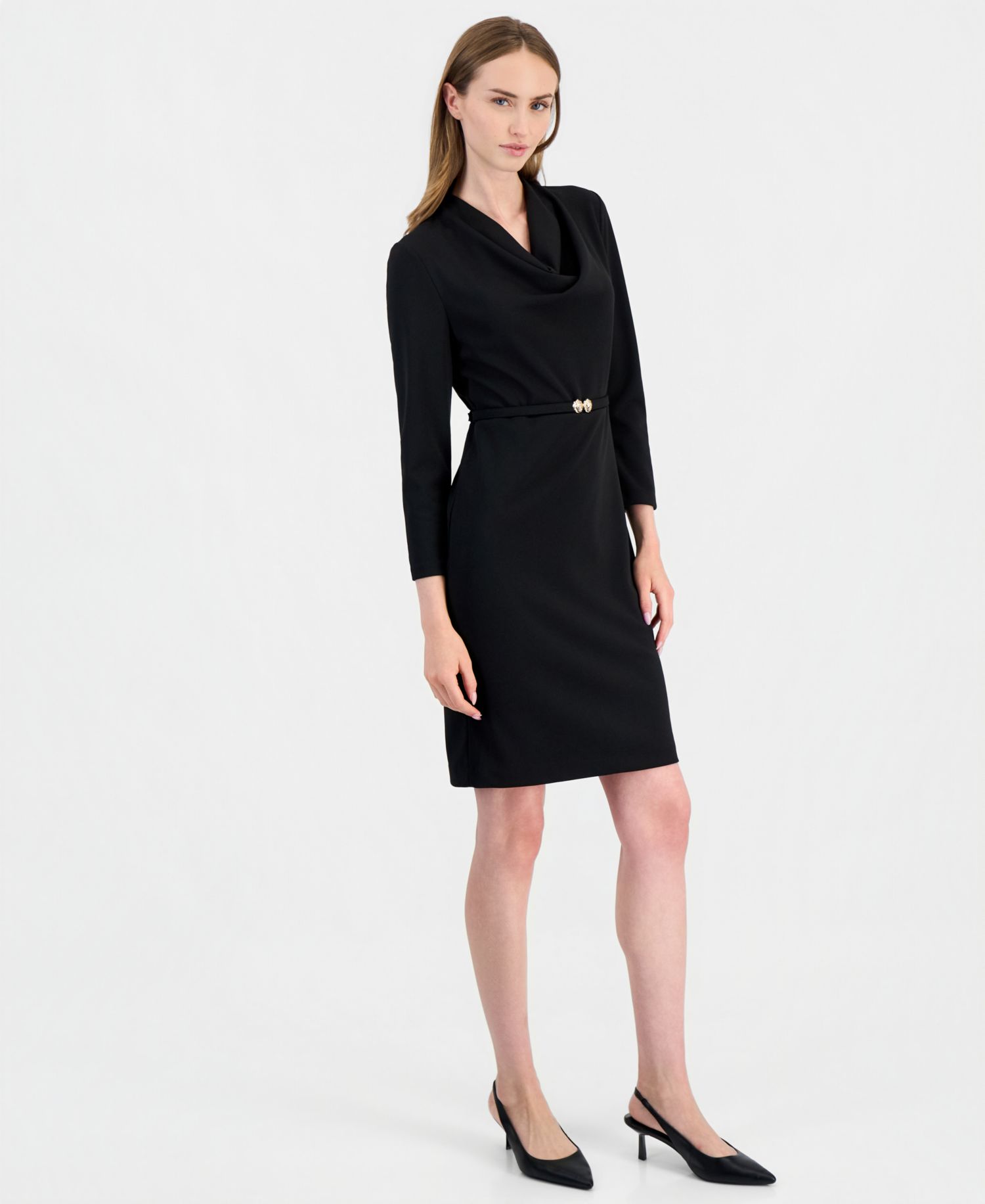 Women's Cowl-Neck Belted Long-Sleeve Dress