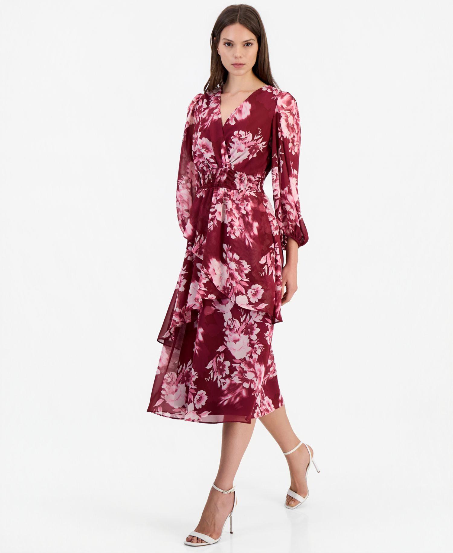 Women's Floral-Print Tiered Long-Sleeve Midi Dress
