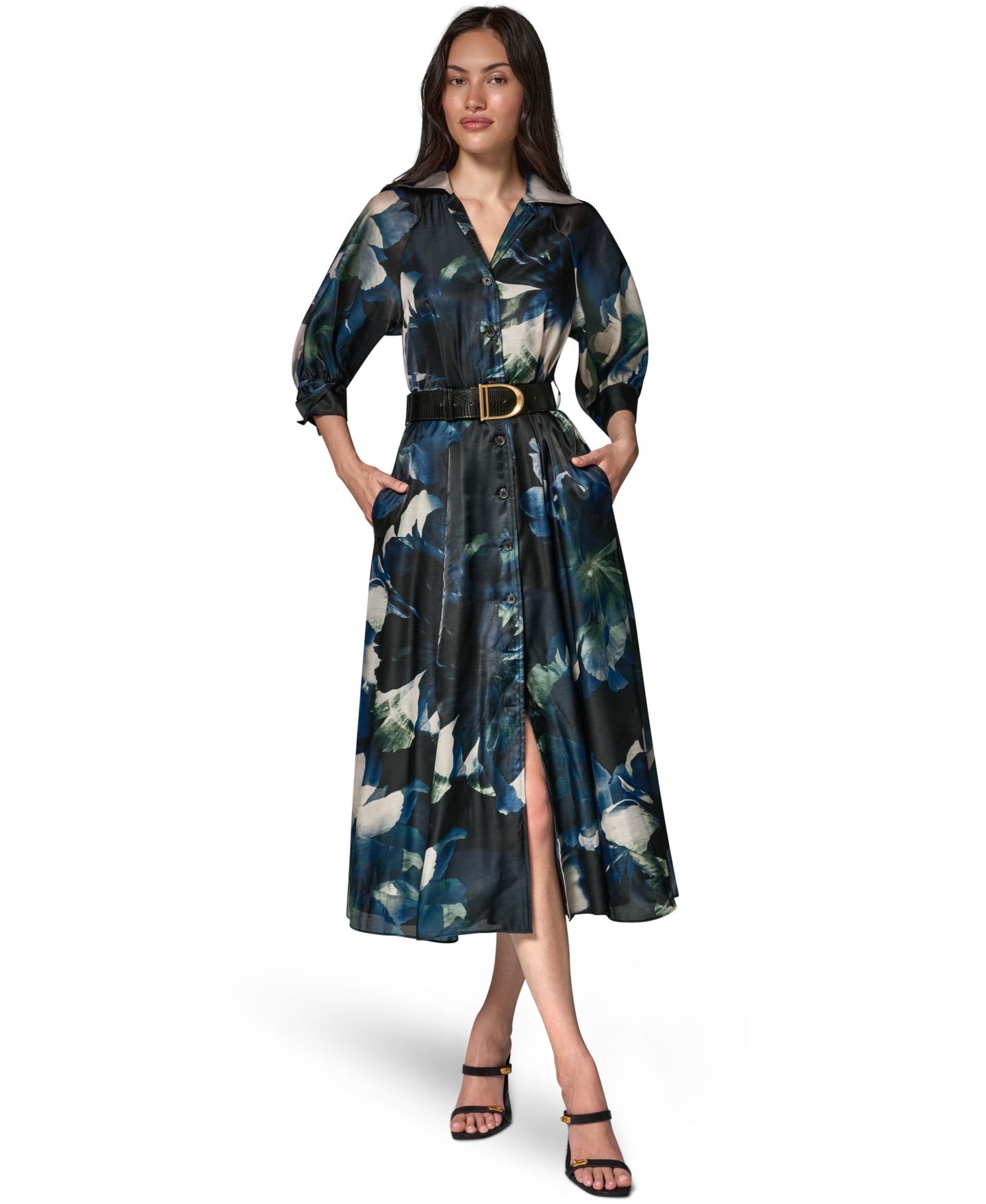 Женское платье Donna Karan New York Petite Organza Printed Shirt Dress, цвет: Чёрный тёмно-зелёный разноцветный — фото 2