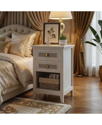 17.7"W Rattan Boho Nightstand with 2-Drawer Shelf