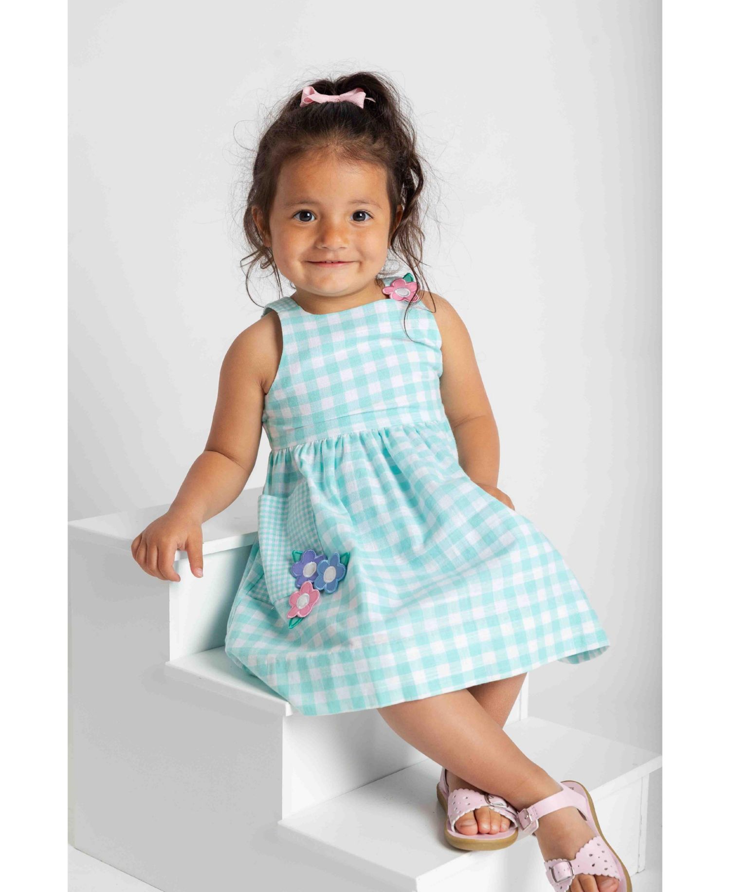 Big Girls 7-8 Gingham Linen Look Dress With Flowers