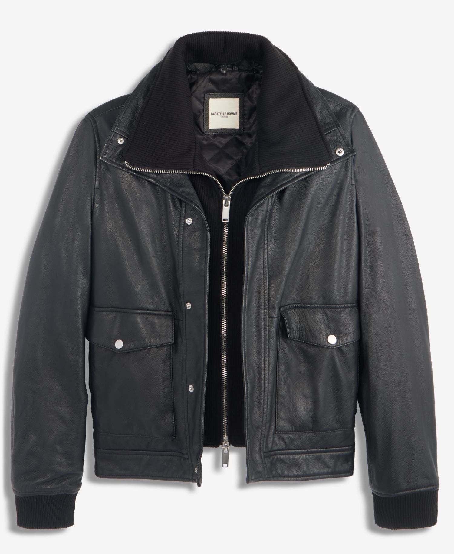 Men's Genuine Leather Bomber Jacket with Sweater Bib Insert