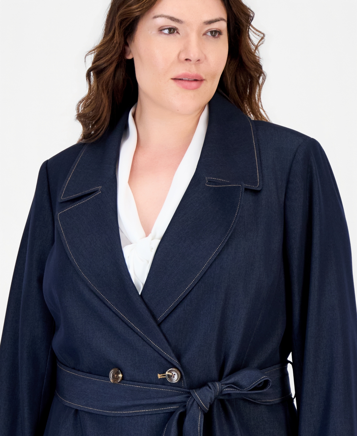 Tahari Plus Denim Double-Breasted Long Trench