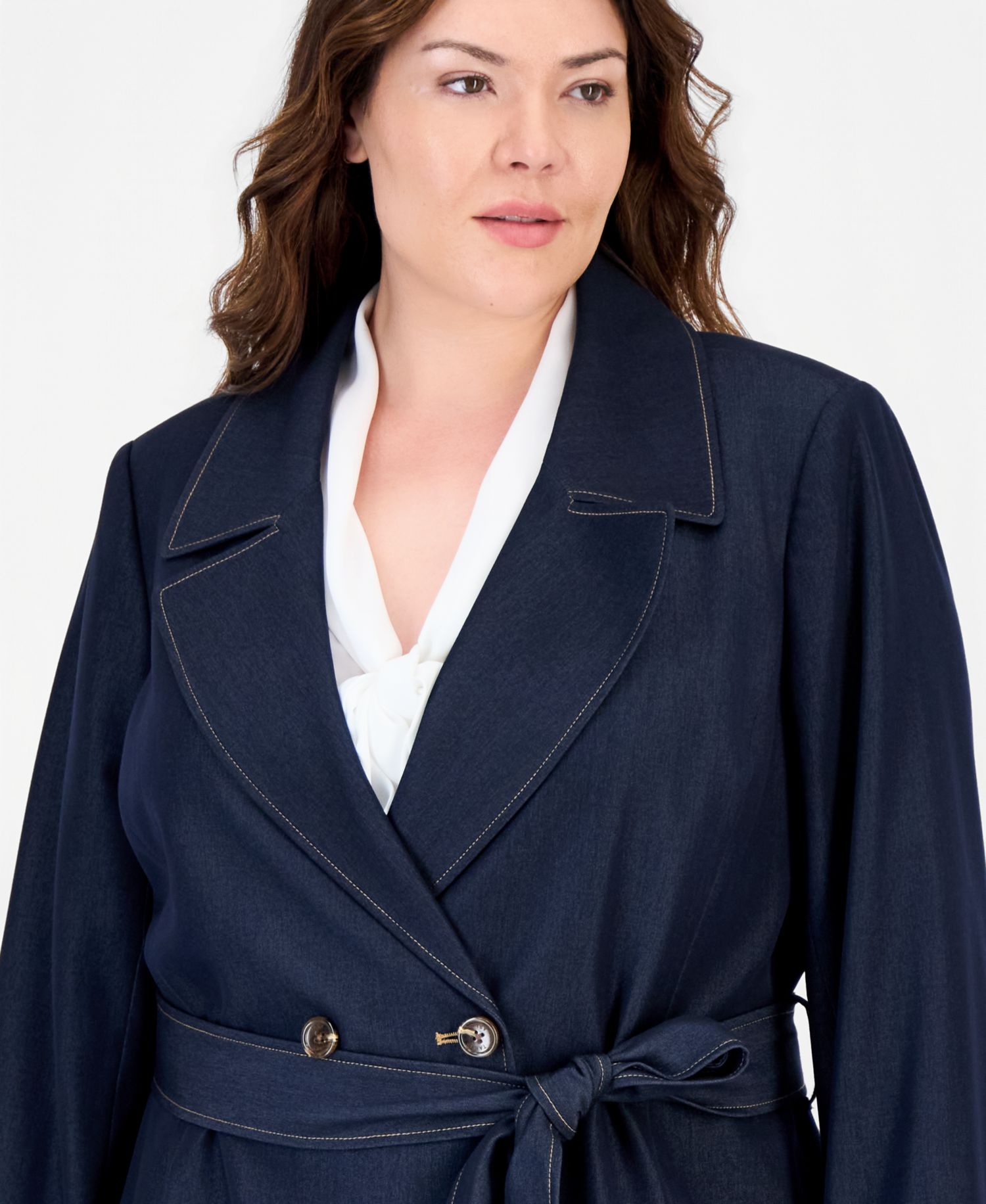 Plus Size Denim Double-Breasted Long Trench