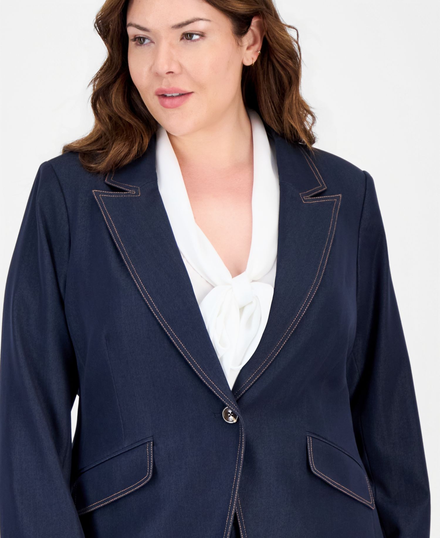 Plus Size Denim One-Button Blazer