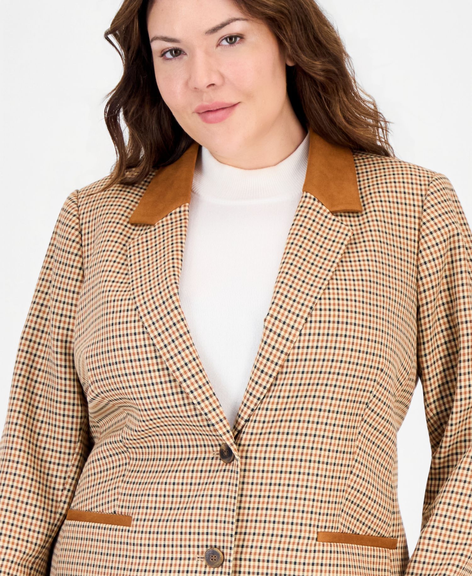 Plus Size Plaid Long-Sleeve Blazer
