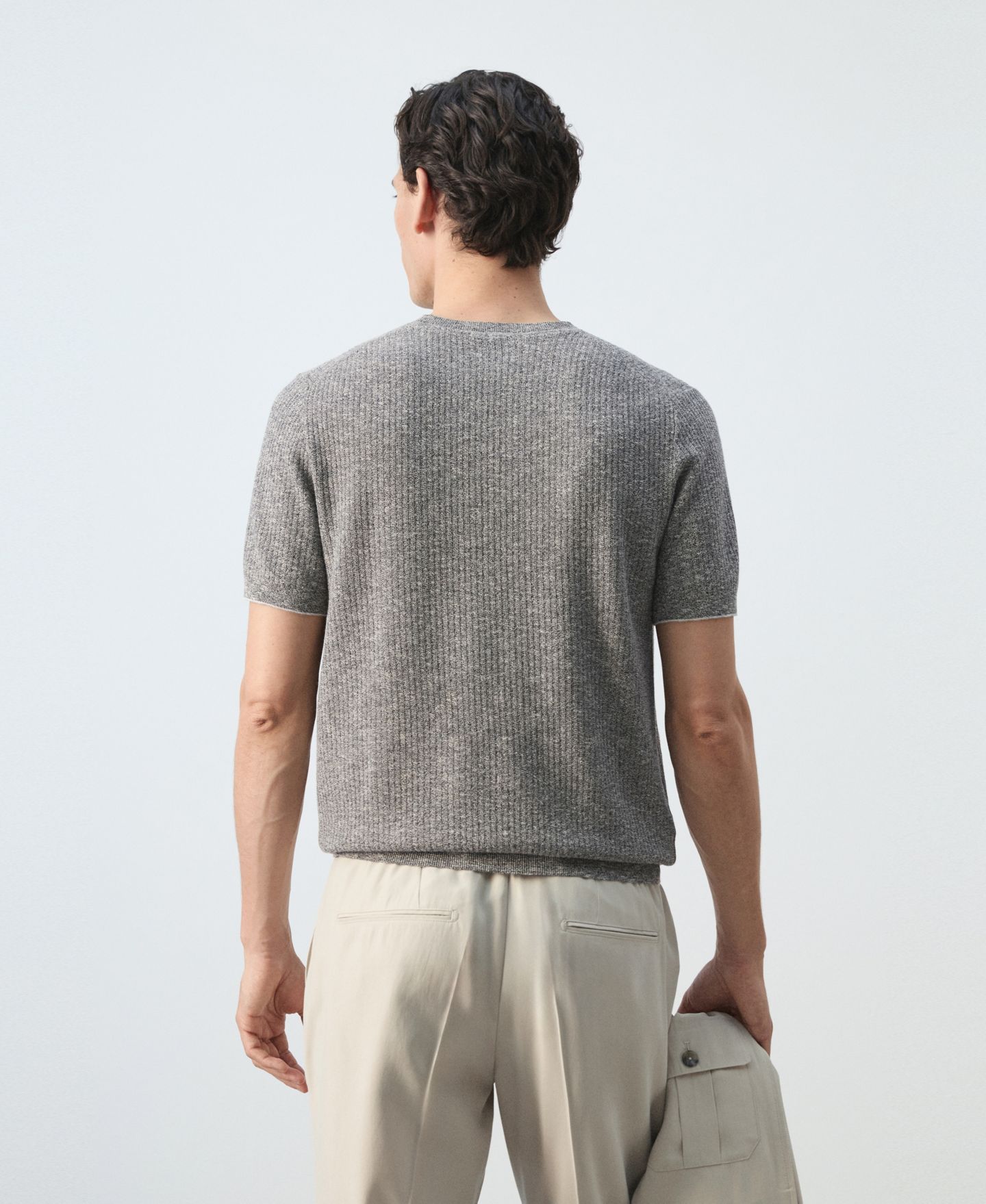 Мужская футболка Mango Ribbed Linen-Cotton Blend, цвет: Тёмно-синий — фото 2