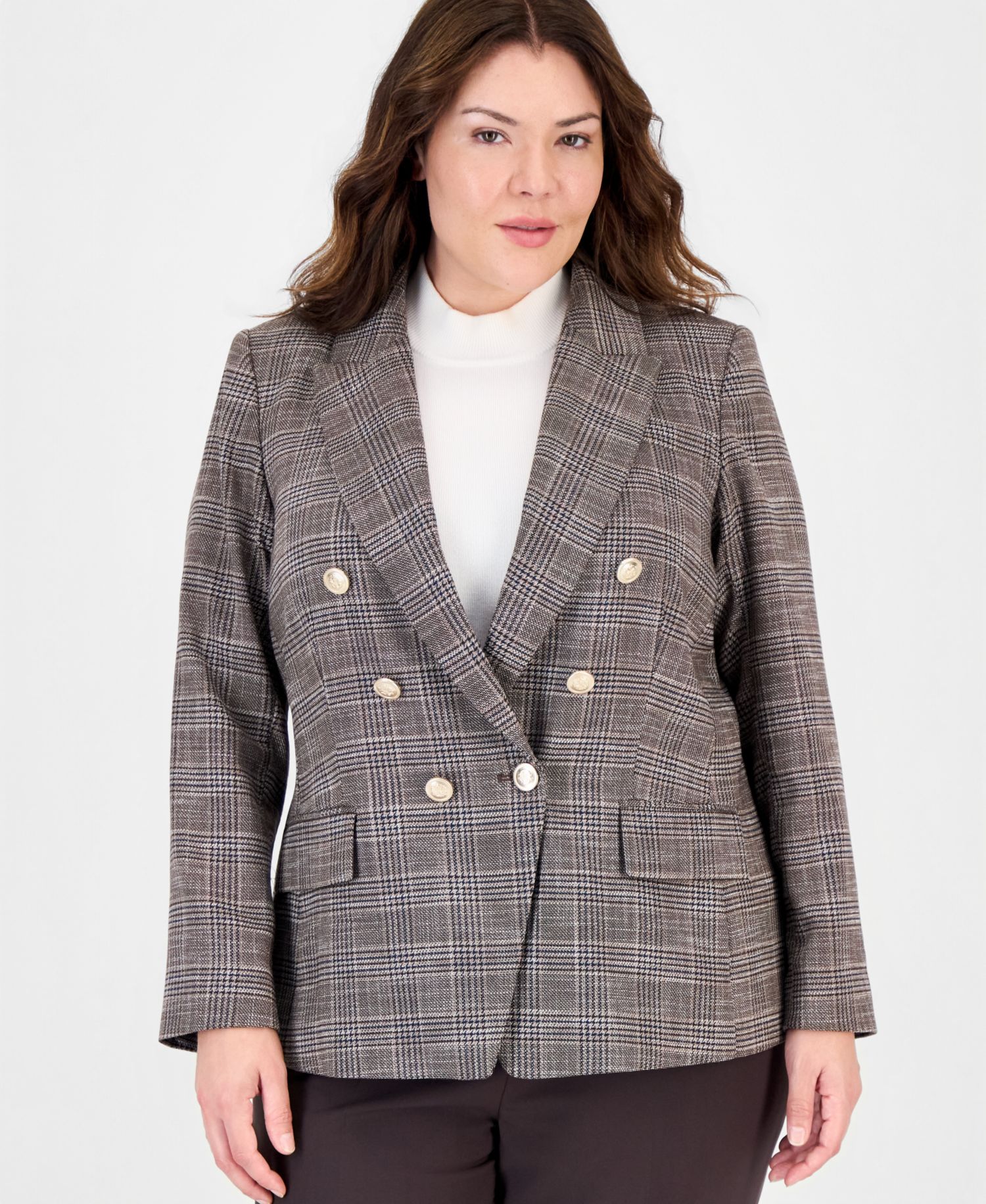 Plus Size Plaid Double-Breasted Blazer