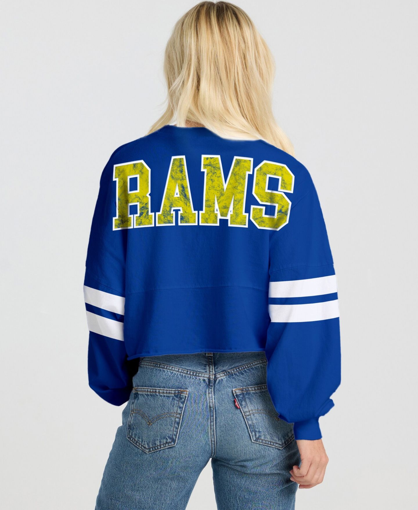 Женская футболка Spirit Jersey Royal Los Angeles Rams Oversized Cropped Stripe Long Sleeve — фото 2