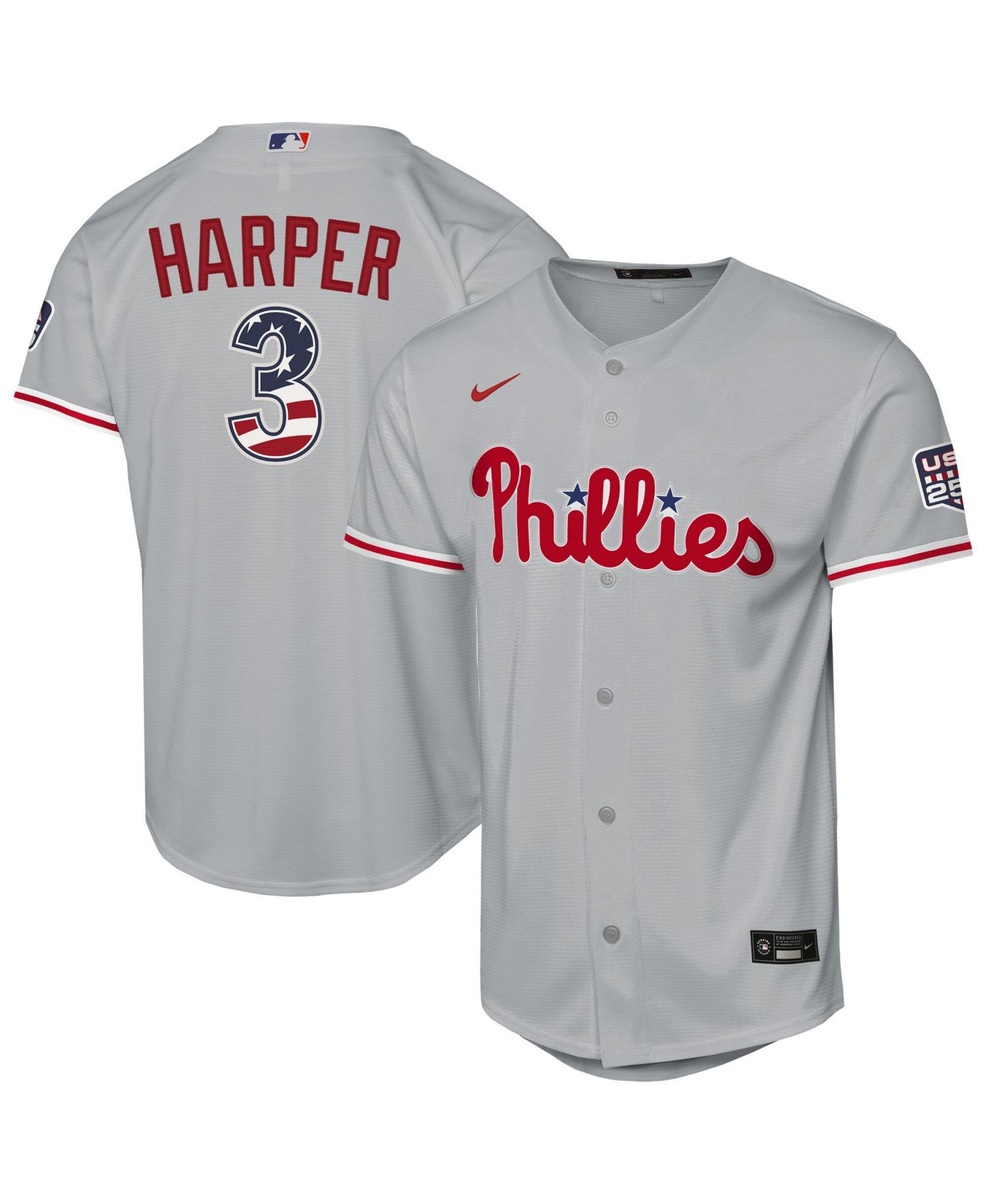 Big Boys and Girls Bryce Harper Gray Philadelphia Phillies USA 250 Fourth of July Road Replica Jersey
