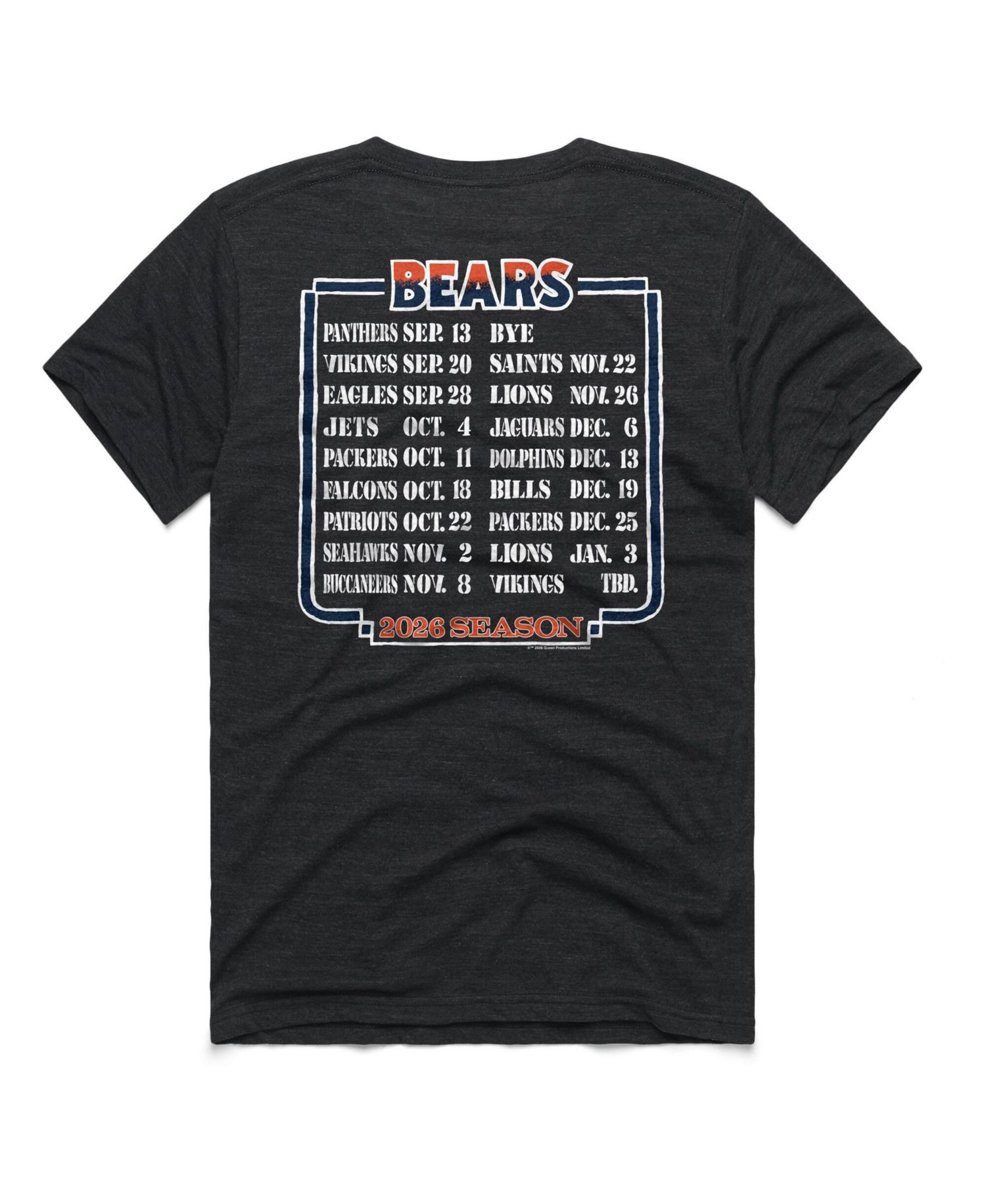 Men's and Women's Charcoal Chicago Bears 2026 NFL Schedule Queen Tri-Blend T-Shirt