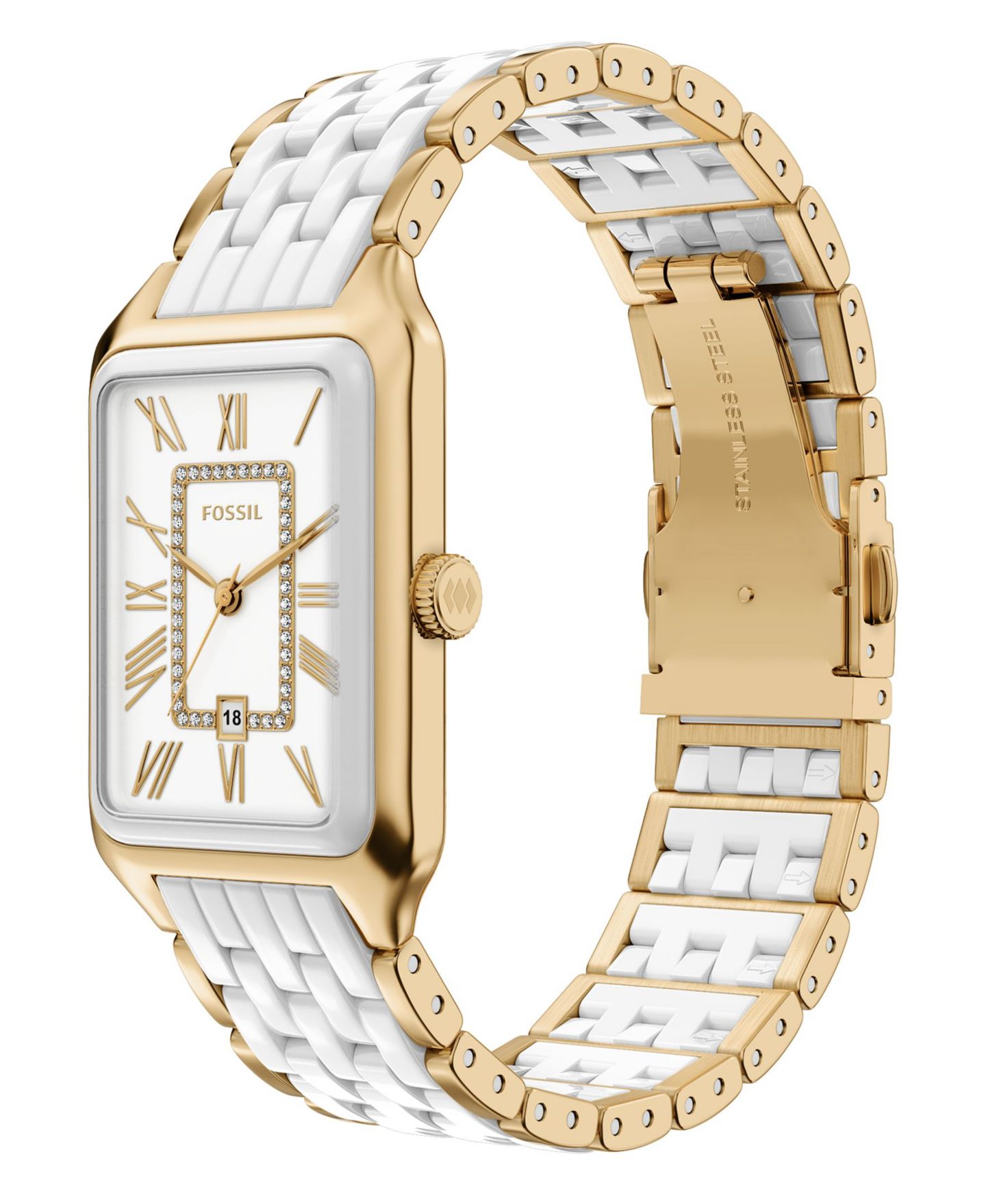 Женские часы Fossil Raquel Three-Hand Date Gold-Tone Stainless Steel White Ceramic 26mm — фото 5