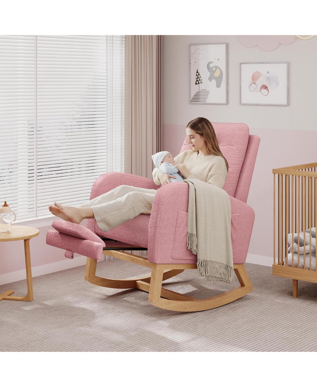 gaomon Nursery Rocking Chair with Adjustable Footrest, Teddy Fleece Upholstery, Sturdy Wooden Legs and High Backrest