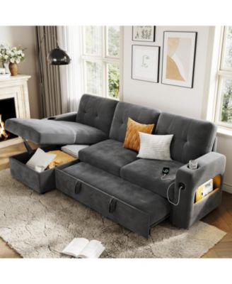 84" Modern L-Shaped Sleeper Sofa with Storage and Charging Station, Convertible Sectional Sofa Bed with LED Lights, USB/Type-C Ports