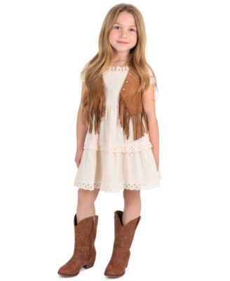 Girls' 4T-6X Suede Fringe Vest and Clip Dot Cotton Puff Sleeve Dress, 2-Piece Set