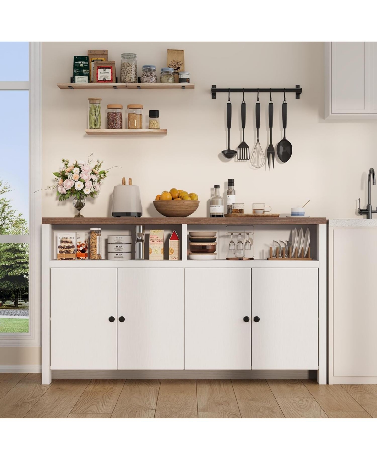 gaomon Sideboard Buffet Cabinet with Storage, 55" Large Farmhouse Kitchen Storage Cabinet with 4 Doors and Adjustable Shelves