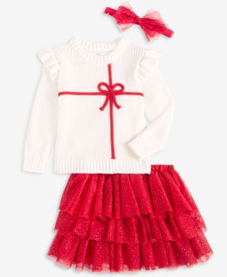 Baby Girls' Bow Tiered Glitter Headband, Sweater and Skirt, 3-Piece Set