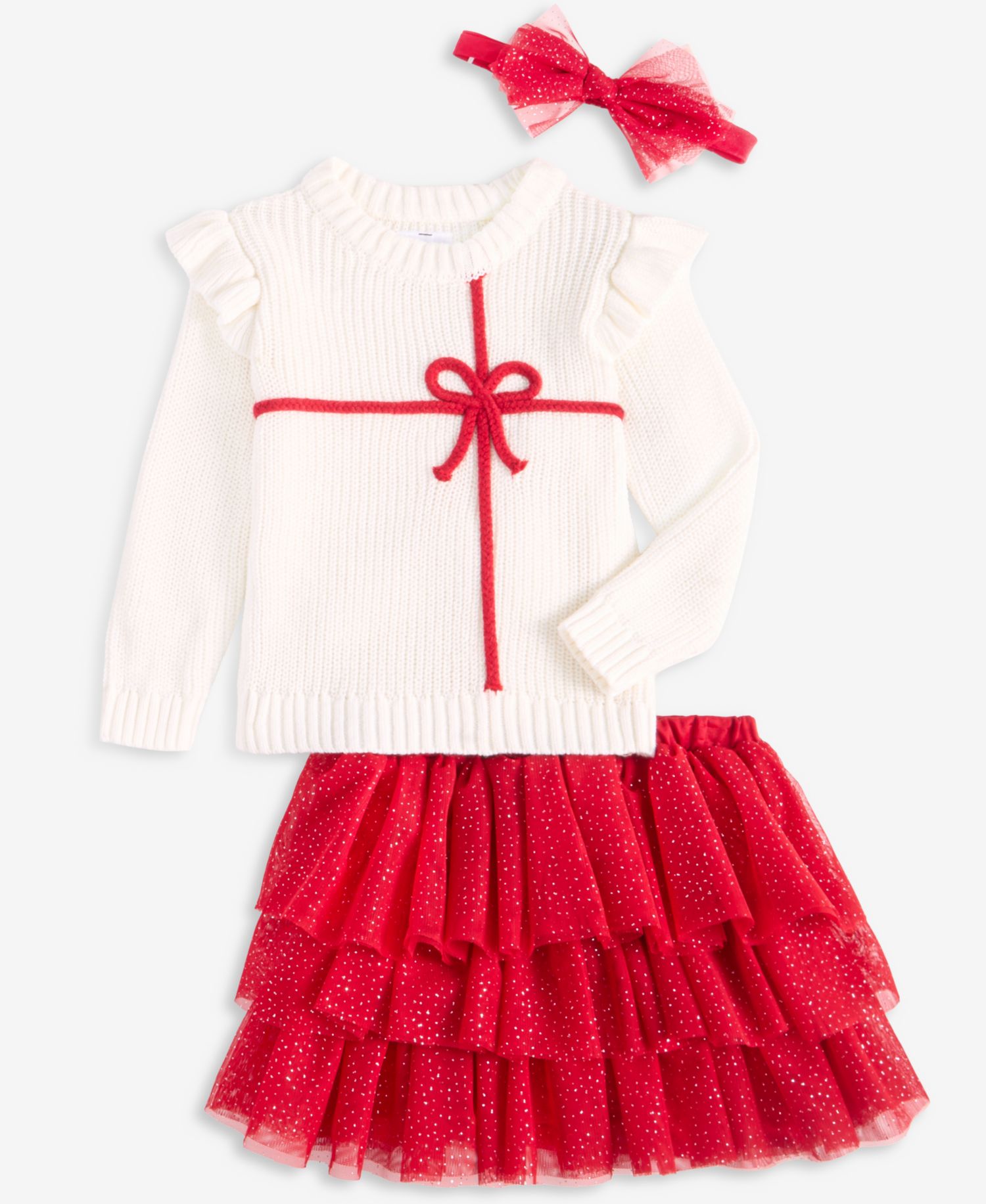 Baby Girls' Bow Tiered Glitter Headband, Sweater and Skirt, 3-Piece Set