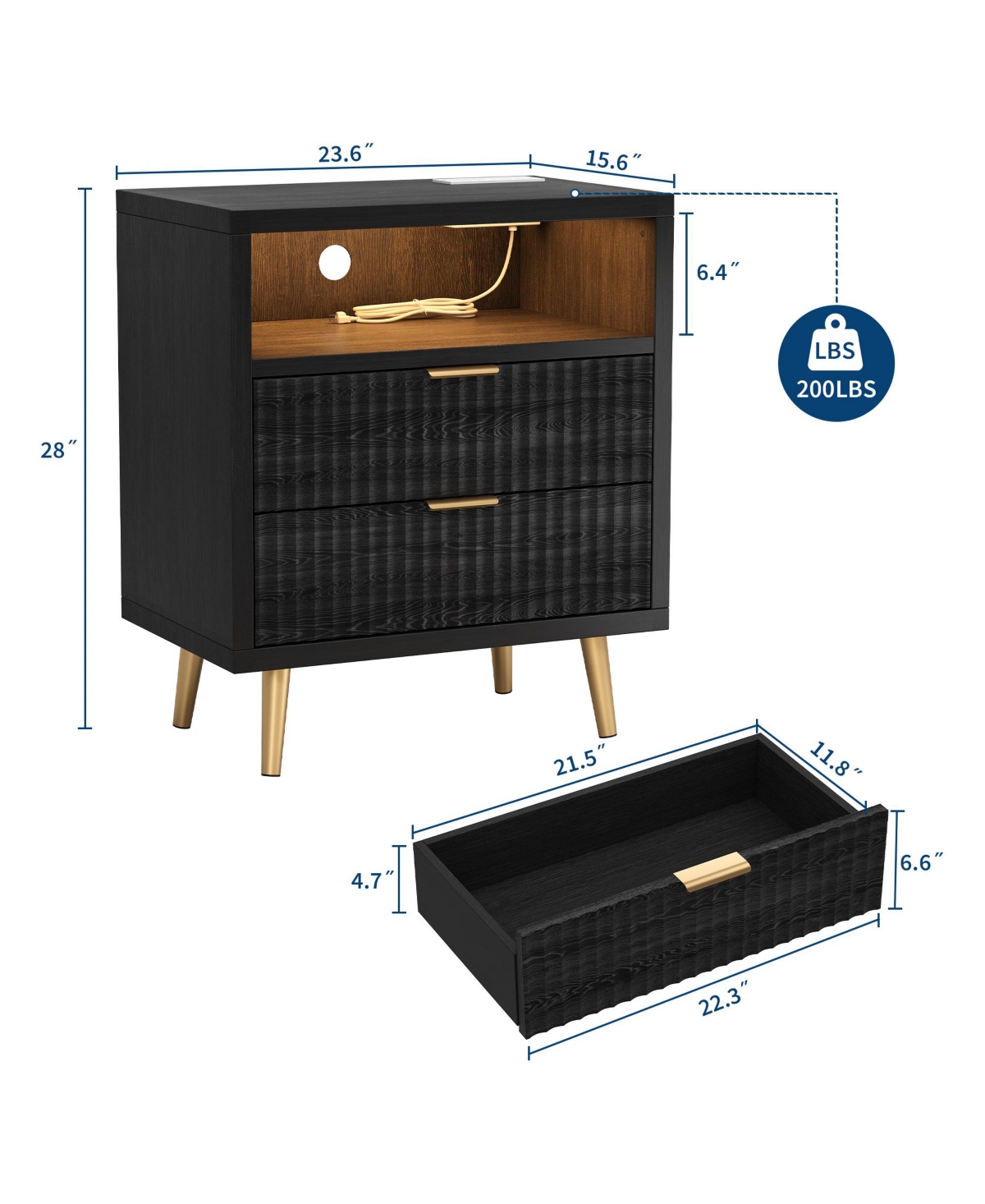 gaomon Fluted Nightstand with Led Lights, 2 Drawer Wood for Bedroom, Modern Bedside Table Storage, Mdf End Living Room