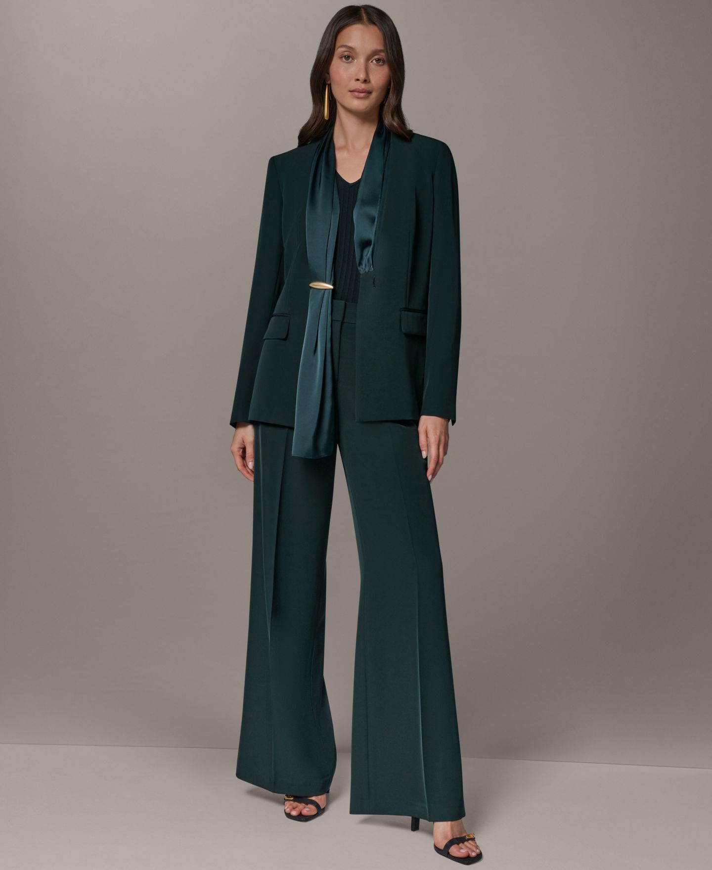 Женский пиджак Donna Karan New York Scarf Collar Blazer, цвет: Чёрный тёмно-зелёный — фото 13