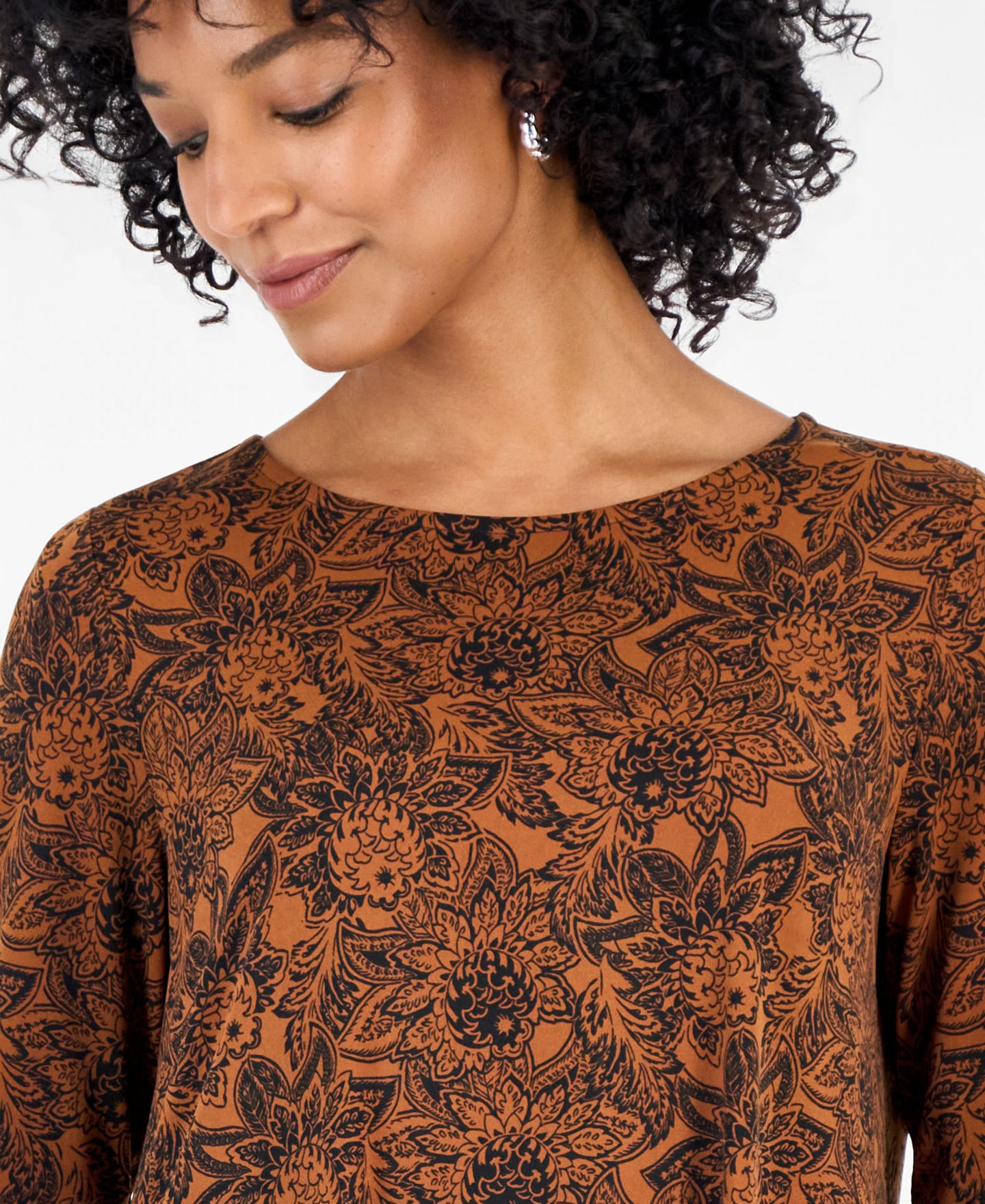 Женский топ JM Collection Floral 3/4-Sleeve Swing Top, цвет: Коричный — фото 3