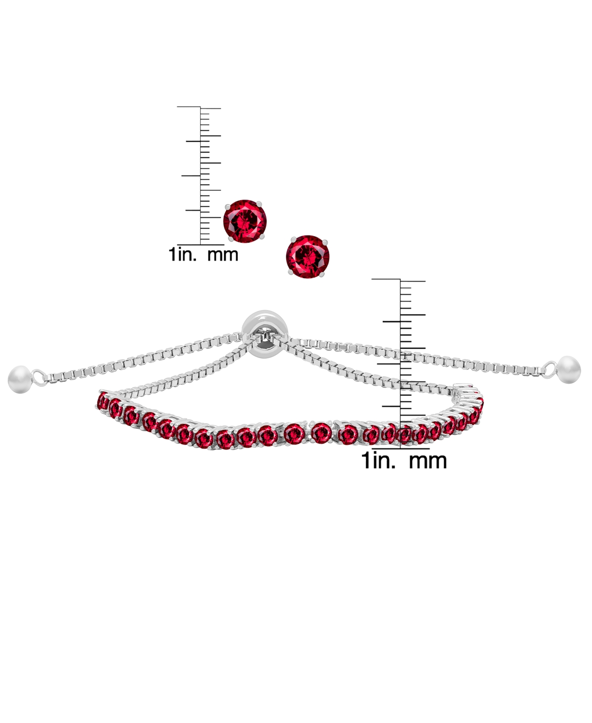 Macy's Simulated Round Adjustable Bracelet With Matching Stud Earrings 2-piece Set In Silver,ruby