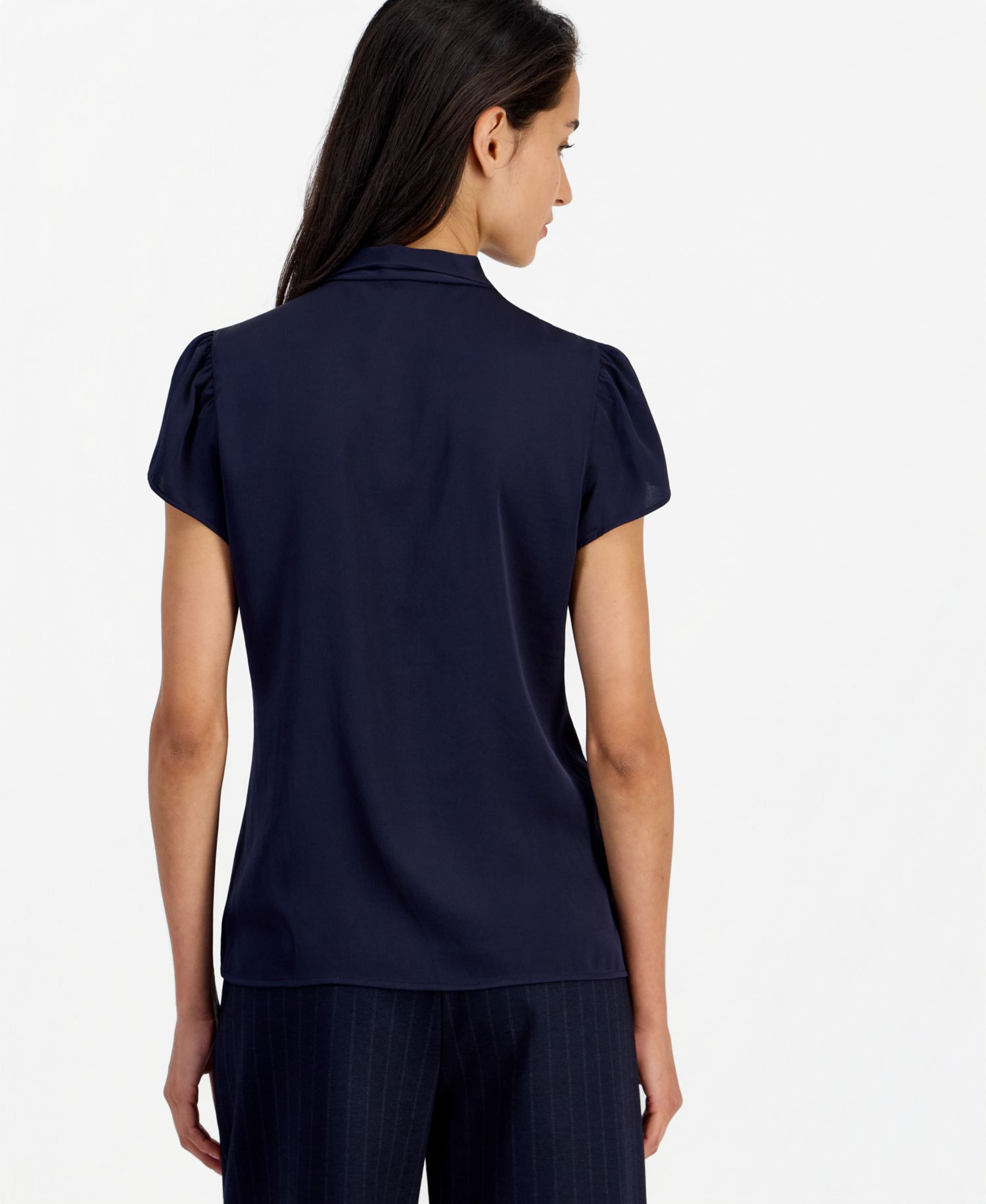 Women's Satin Tie-Neck Flutter-Sleeve Short-Sleeve Blouse