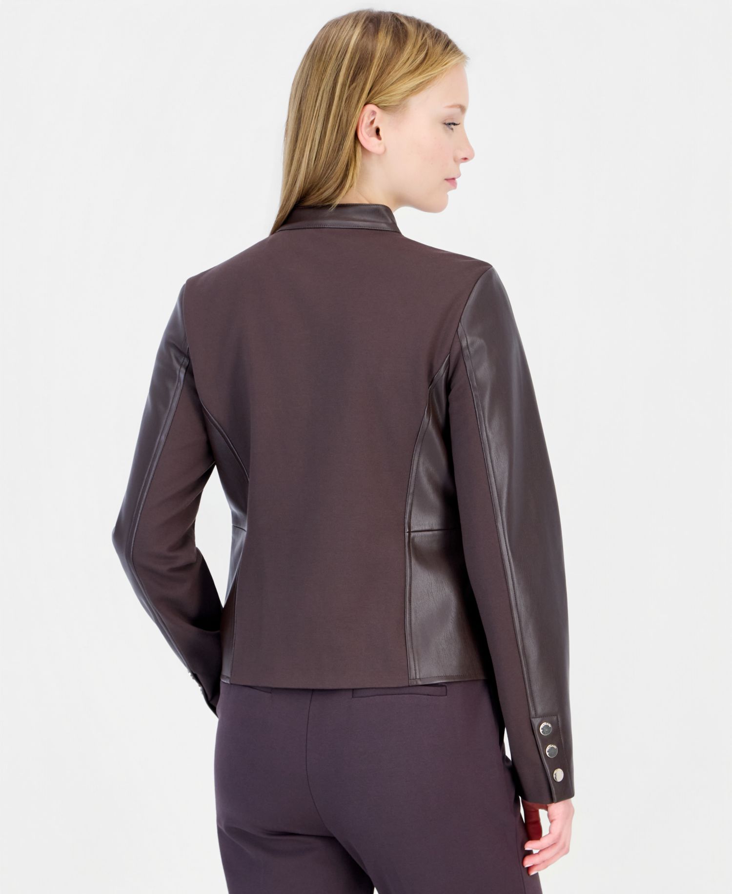 Women's Zip-Up Mixed-Media Faux Leather Jacket