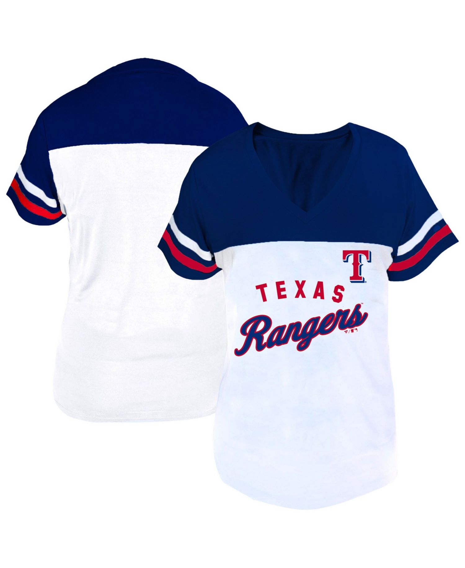 Women's Profile White/Royal Texas Rangers Plus Size Two-Stripe V-Neck T-Shirt
